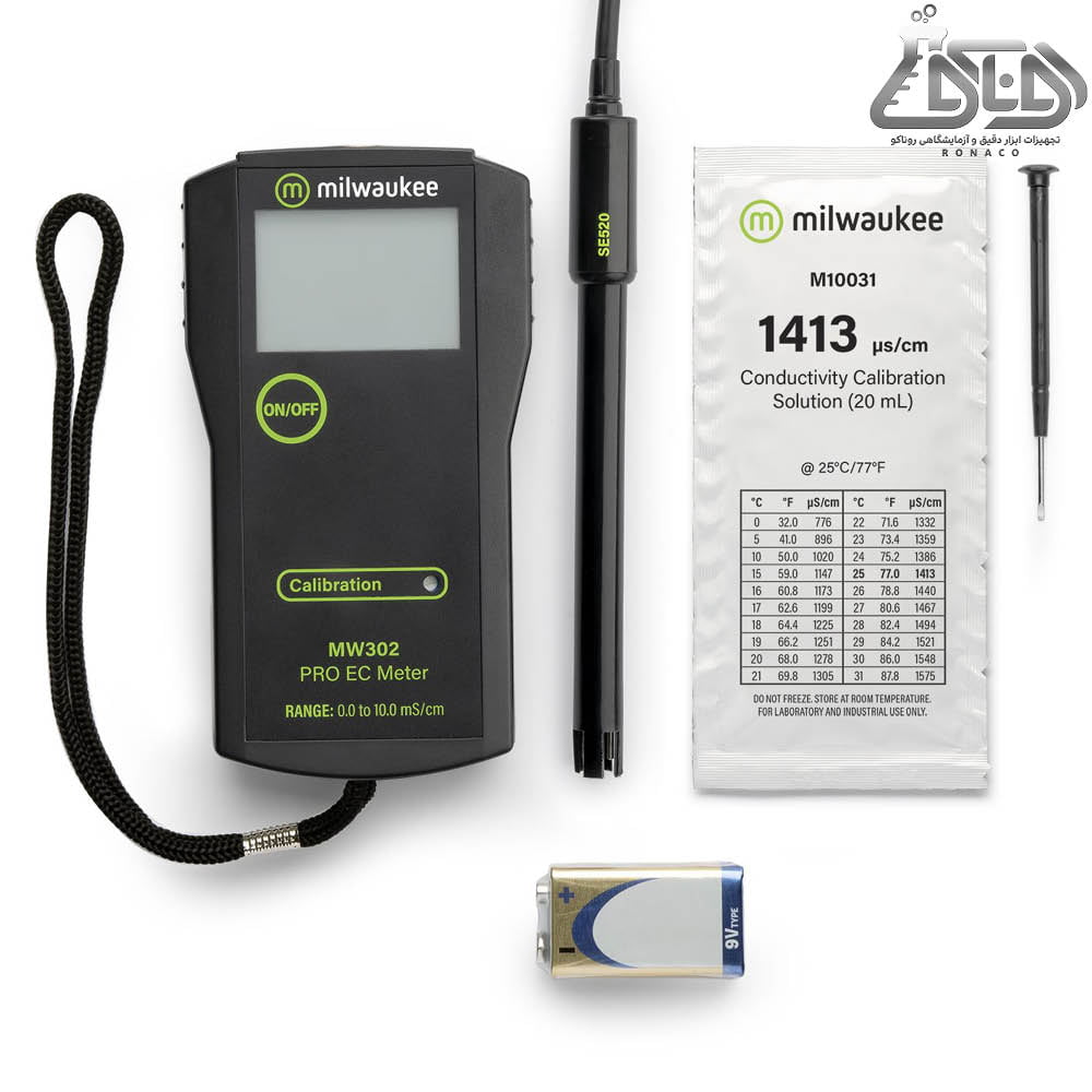 هدایت سنج پرتابل در محدوده‌ی 0 تا 10mS/cm و با دقت 1mS/cm کار میکند-هدایت سنج mw302pro میلواکی-ec متر mw302 pro-هدایت milwaukee-روناکو نماینده میلواکی - هدایت سنج پرتابل مدل MW302 PRO