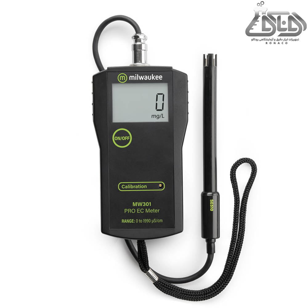 هدایت سنج پرتابل در محدوده‌ی 0 تا 1999µS/cm و با دقت 1µS/cm کار میکند-هدایت سنج mw301 pro میلواکی-ecمتر mw301 pro-هدایت milwaukee-روناکو نماینده میلواکی - هدایت سنج پرتابل مدل MW301 PRO