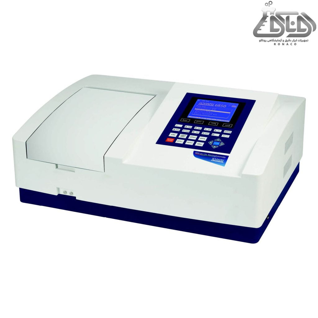 اسپکتروفتومتر UV VIS (مرئی فرابنفش) دو پرتویی مدل 6850 برند JENWAY (جنوی) در رنج 190 تا 1100nm طراحی شده و پهنای باند آن بین 0.5، 1، 2، 4 و 5nm متغیر است - اسپکتروفتومتر UV/VIS مدل 6850