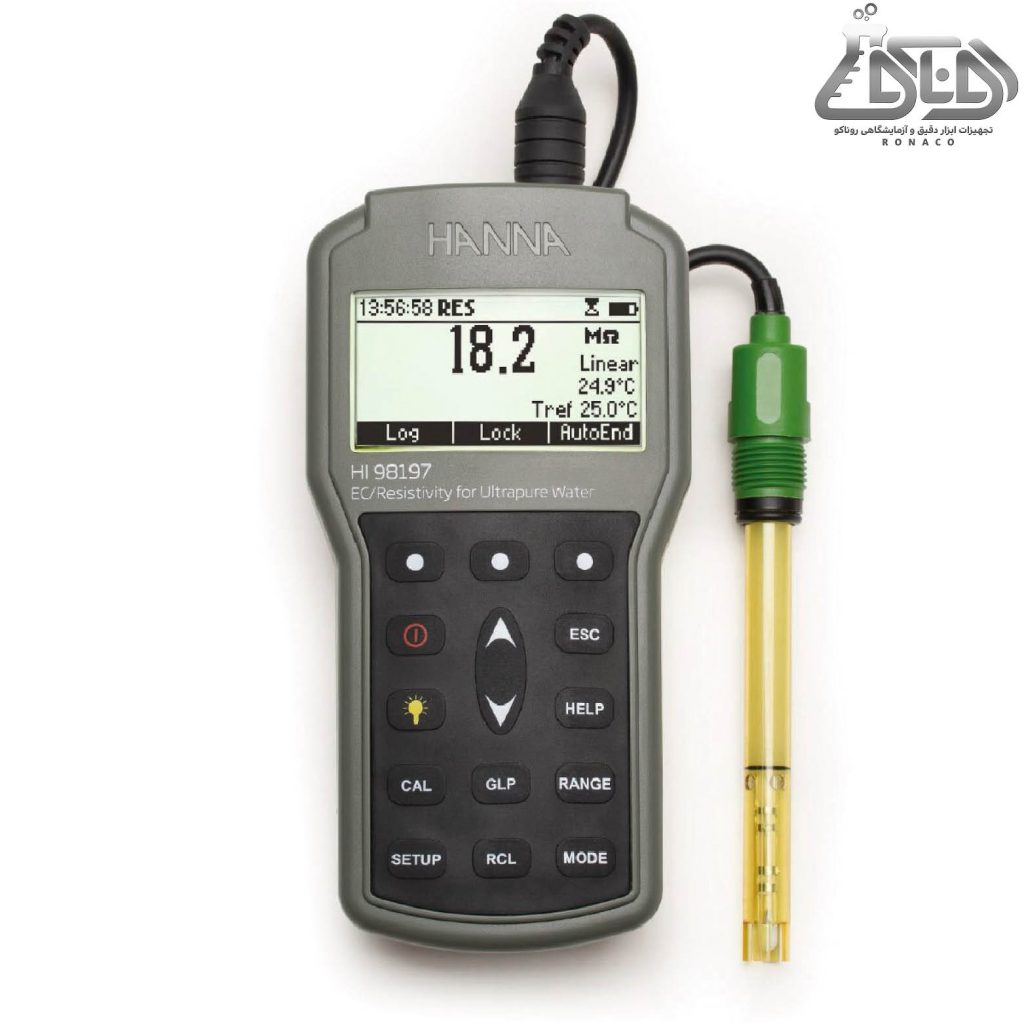 دستگاه EC-TDS-Salinity-Resistivity متر پرتابل مدل HI98197 کمپانی HANNA (هانا) مخصوص آب مقطر توانایی سنجش هدایت الکتریکی، سختی آب، شوری و مقاومت را دارد